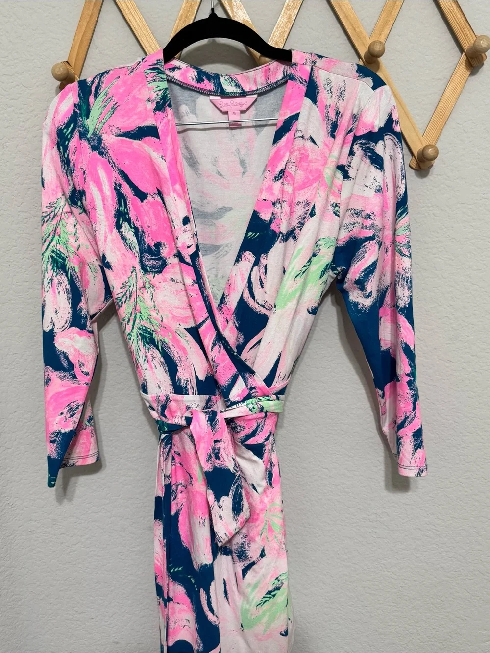 Lilly Pulitzer Karlie Wrap Tidal Wave Pans Garden Teal Pink Floral Romper Size M